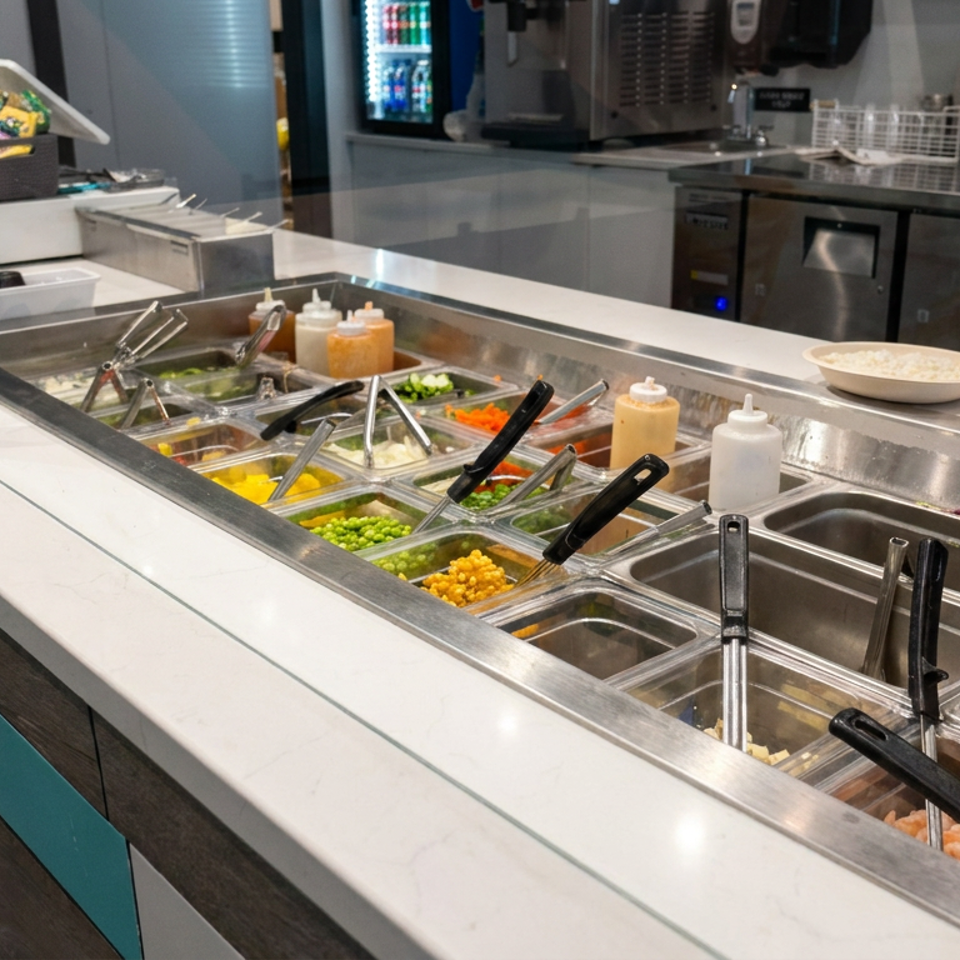 Self-serve restaurant counter with colorful salad toppings, sauces, serving utensils, and stainless-steel kitchen equipment.