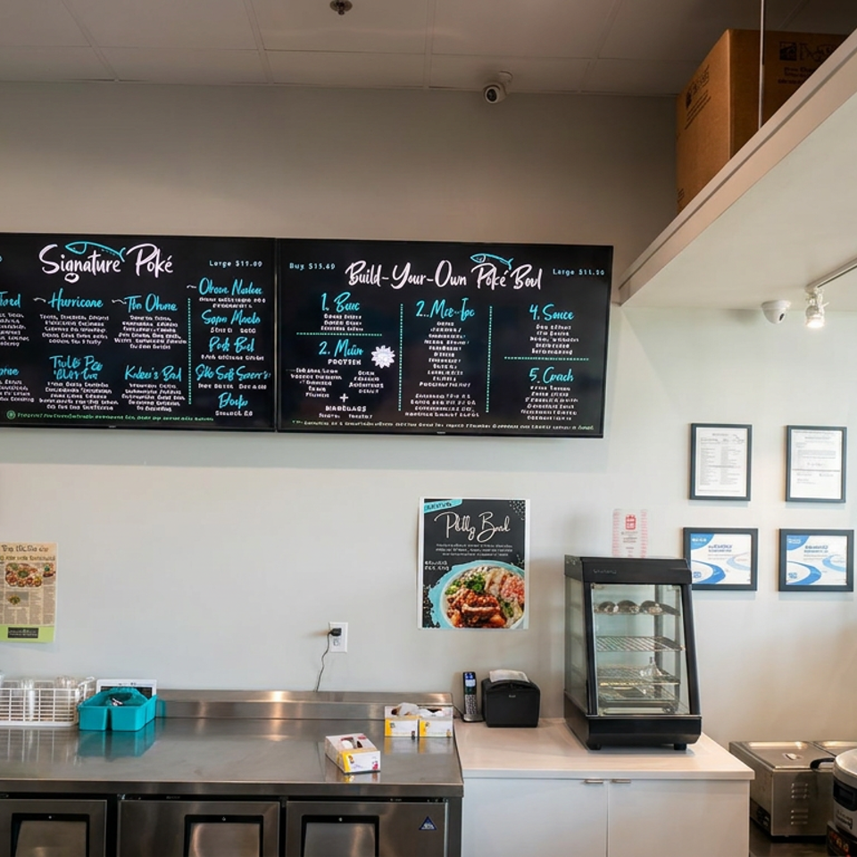 Bright poke restaurant interior with Signature Poke and build-your-own bowl menu boards, counter equipment, display case, and merchandise window.